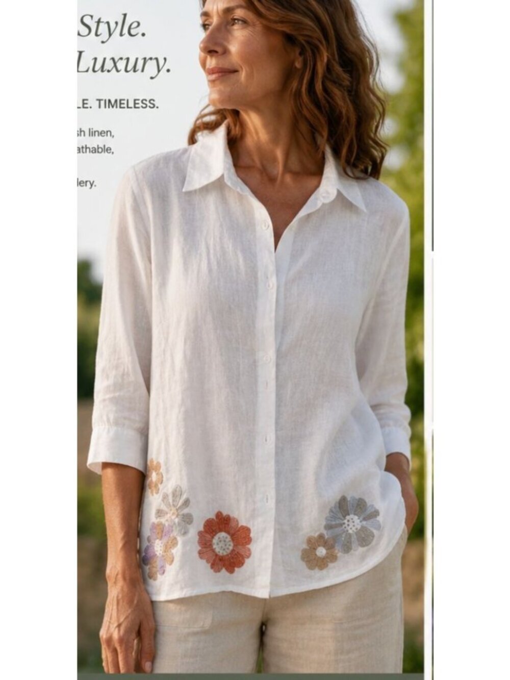 Women's 100% Irish Linen Blouse Small White Embroidered Floral cottagecore comfy